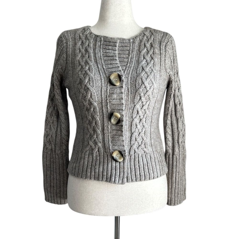 Women’s Gray Cable Knit Alpaca Wool Blend Cardigan Sweater Large Button Front